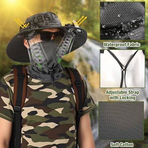 Image of Syhood 2 Set Solar Fan Hats with Neck Gaiters and Arm Sleeves, Wide Brim Fishing Hats for Men Women Outdoor Camping Gardening