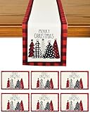 VITEVER 7er-Set Tischläufer und Tischsets mit rotem Kiefernmotiv Frohe Weihnachten Winter 33x180CM Tischläufer mit 6 weihnachtlichen Tischsets Dekorationen für Festliche Tischdekorationen