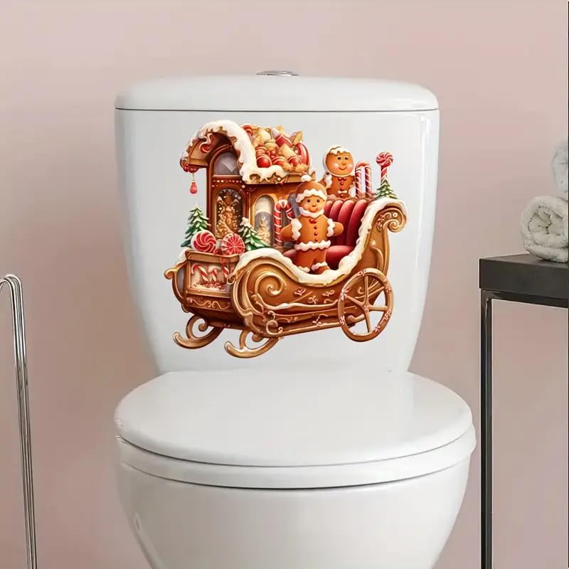 Christmas Sleigh Gingerbread Man Toilet Cover Sticker Decals,Fish Bird Flower Leaf Waterproof Toilet Lid Tank Seat Decals Cistern Self-Adhesive Bathroom Wall Sticker