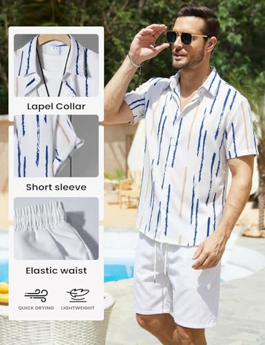 Image of Yimoon Men's Summer 2 Piece Outfits Tropical Print Short Sleeve Button Down Hawaiian Beach Shirt and Shorts Set