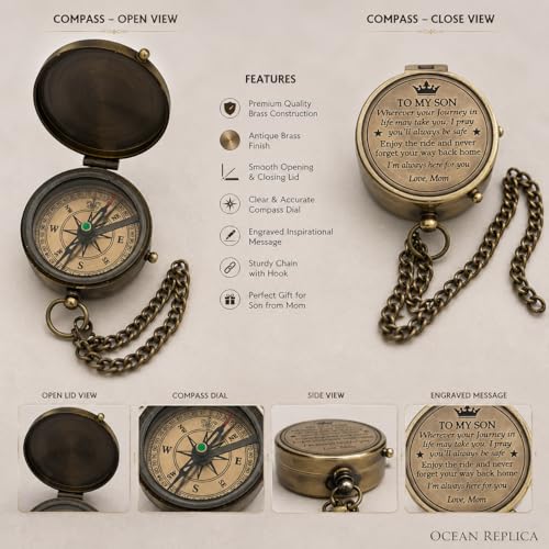 Brújula portátil de latón grabada para hijo miniatura 6
