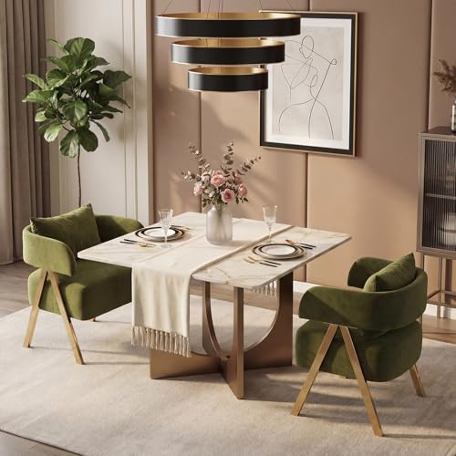 Image of Modern Velvet Dining Chairs Set of 2 with Arms and Gold Metal Legs, Green