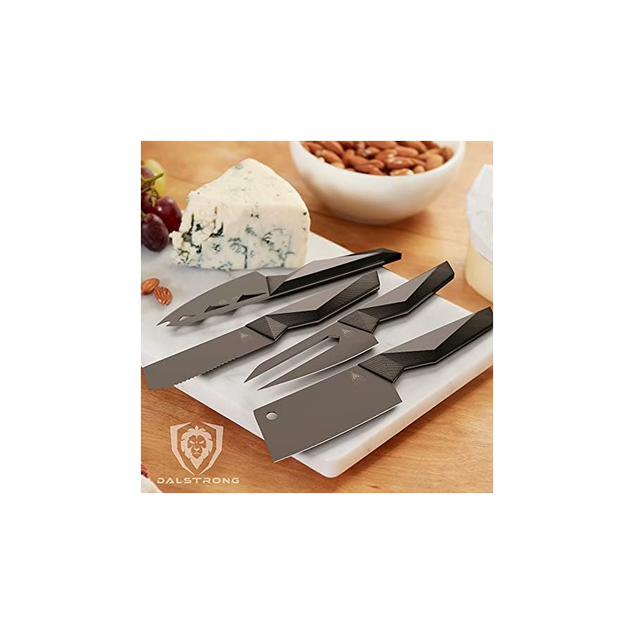 DALSTRONG-Cheese-Knife-Set-4-Piece-Shadow-Black-Series-Black-Titanium-Nitride-Coated-High-Carbon-7CR17MOV-X-Vacuum-Treated-Steel-Sheath-NSF-Certified DALSTRONG Cheese Knife Set - 4-Piece - Shadow Black Series - Black Titanium Nitride Coated - High Carbon - 7CR17MOV-X Vacuum Treated Steel Cheese Knives Set - Sheath - Soft Hard Cheese - NSF Certified