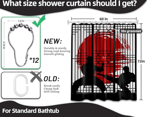 Image of Japanese Shower Curtain Japan Anime Asian Black and Red Shower Curtains for Mens Bathroom Decor Sets, Waterproof Cloth Fabric with Hooks, 60x72 Inch