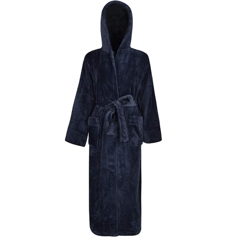 Peignoir d'hiver,À La Mode Hommes D’Hiver Hooded Extra Long Warm Bathrobe Luxe Épais Flanelle Pyjamas Doux Couple Sexy Confortable Marine Bleu Élégant Partie