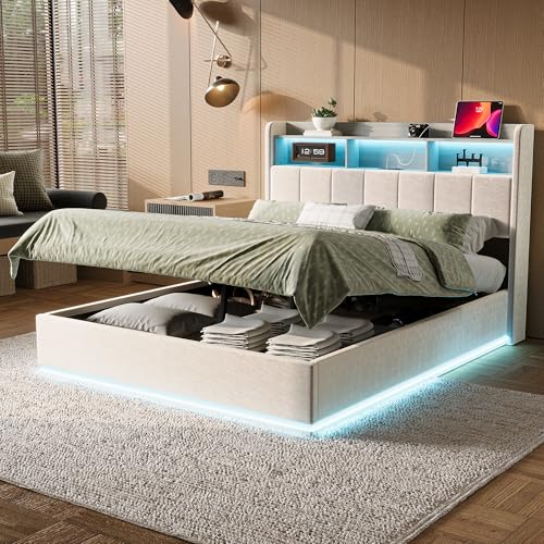 QMTXBYJ Polsterbett Doppelbett 140x200 cm, Hydraulisches Bett 140x200 mit Bettkasten und Lattenrost, Staufach-Kopfteil mit LED und USB Ladestation, Stauraumbett Funktionsbett aus Massivholz und Samt – Bild 8