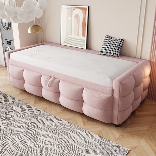 MSMOK Cama tapizada Sofá cama extensible 90 x 190 cm, cama hinchada, tela de terciopelo, cama individual, doble, con somier, cama multifunción, beige (rosa)