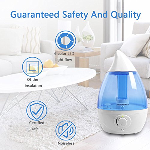 Homeleader Ultrasonic Cool Mist Humidifier, 1.6L Air Humidifiers for Bedroom and Babies, Whisper-Quiet Operation, Automatic Shut-Off and Color-Changing LED Lights - Lasts Up to 11 Hours