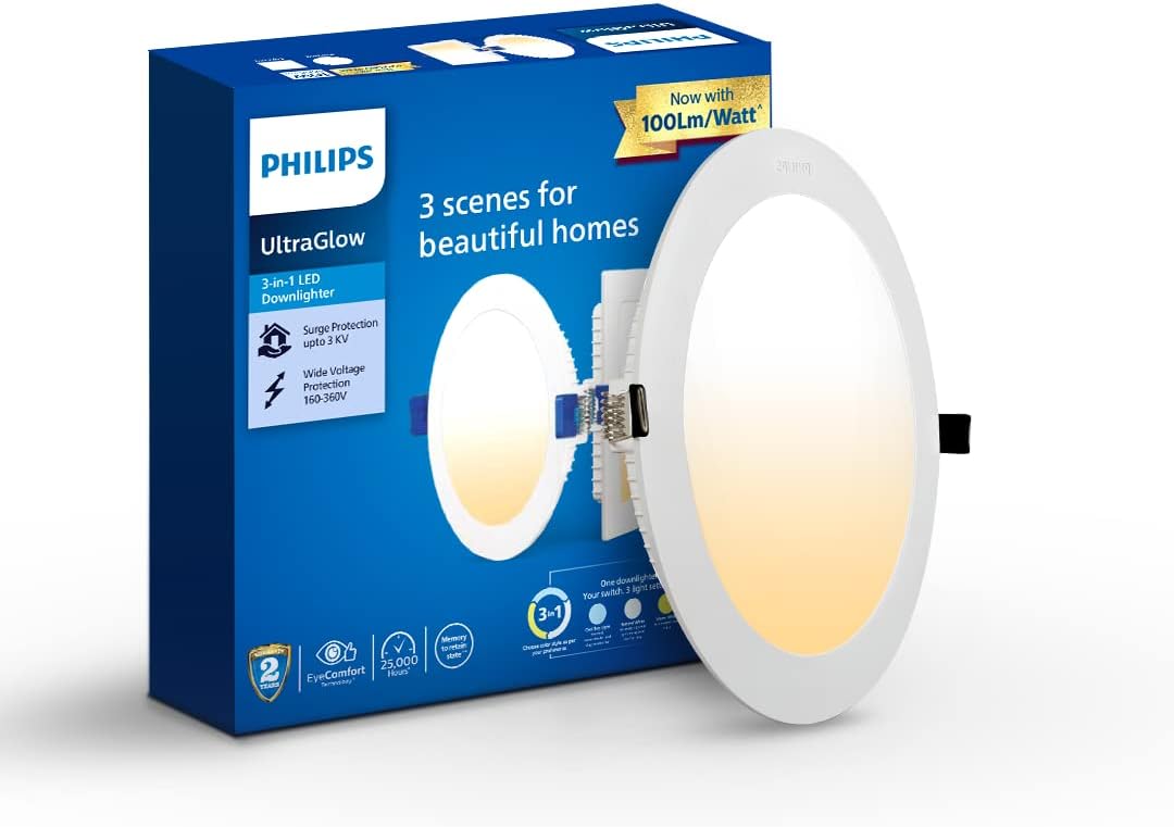 Ultra Glow 10-watt Round LED Downlighter | 3 Colors in 1 Recessed LED Downlight | LED Ceiling Light | Cut Out: 4 inch, Color: Tunable White, Pack of 1-Polycarbonate