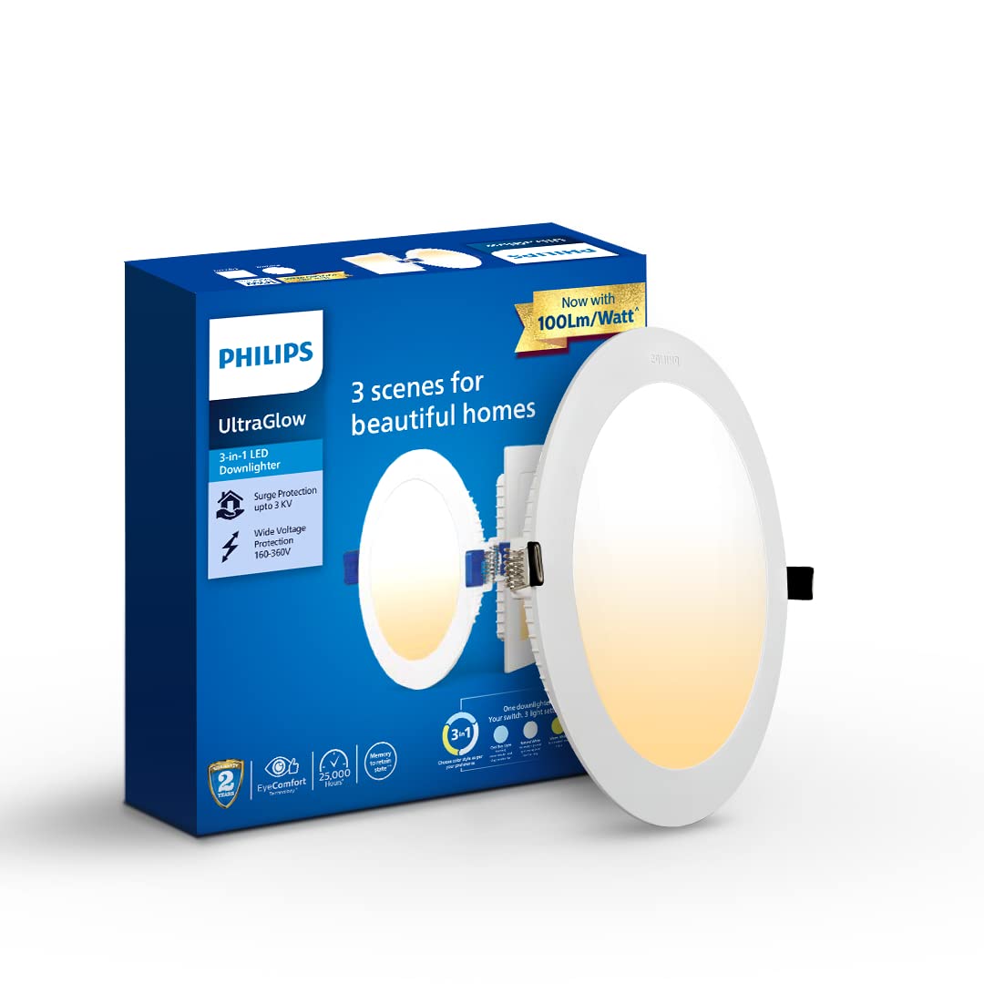 PHILIPS Ultra Glow 10-watt Round LED Downlighter | 3 Colors in 1 Recessed LED Downlight | LED Ceiling Light | Cut Out: 4 i