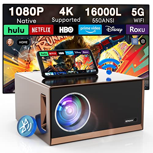 Projector with 5G WiFi and Bluetooth, 16000L 550 ANSI Native 1080P 4K Supported Movie Projector, Outdoor Projector for Home Theater, Compatible with iOS/Android/Windows/TV Stick/HDMI/Phone/PC/PS4/PS5