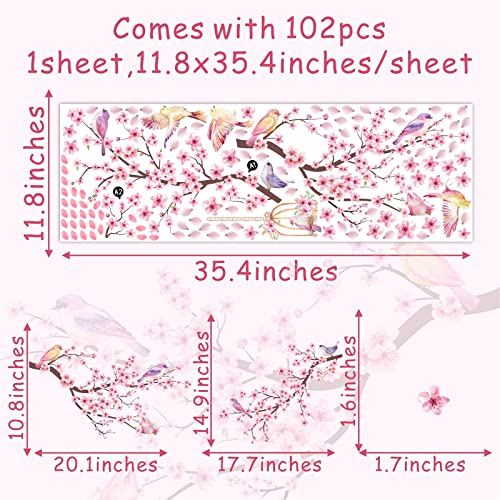 Cherry Blossom Wall Stickers Pink Flower Tree Branch Wall Decals for Girls Bedroom Living Room Spring Floral Birds Wall Art Mural Peel and Stick for Kitchen Nursery TV Background Wall Decoration - Image 4
