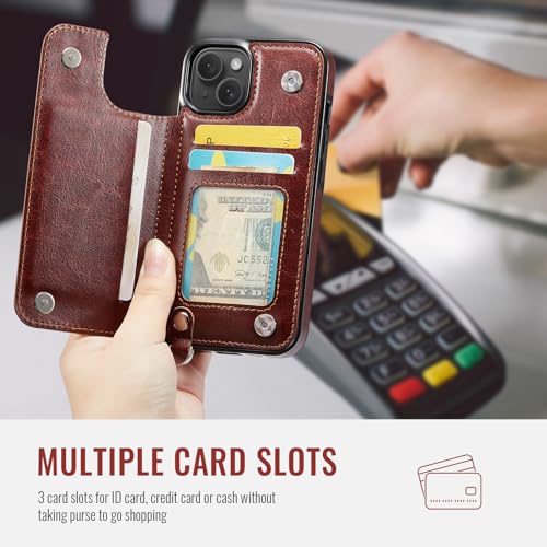 for iPhone 14 Wallet Case/for iPhone 13 Wallet Case with Card Holder, RFID Blocking PU Leather Kickstand Card Slots Case, Double Magnetic Clasp and Durable Shockproof Wrist Strap Cover (Brown)
