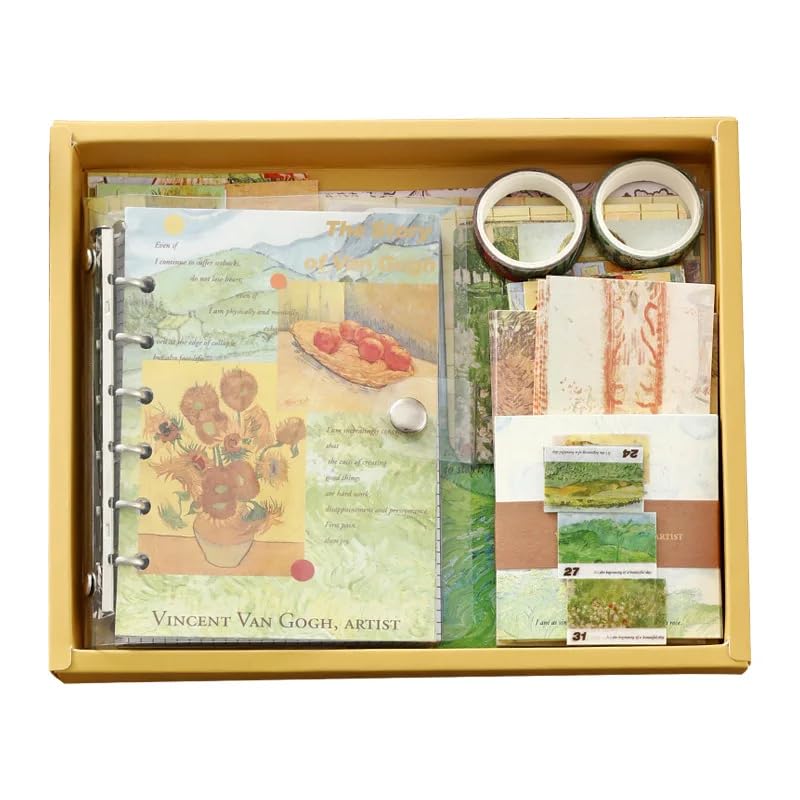 Image of Vintage Aesthetic Scrapbook Kit(346Pcs) Scrapbooking Supplies Kit with Bullet Junk Journal,Stationery,A6 Grid Notebook Journaling Gift for Girl (Van Gogh Yellow Scrapbook)