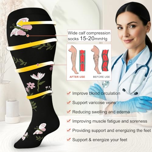 Image of Diu Life 3 Pairs Plus Size Compression Socks for Women and Men Wide Calf Extra Knee High Support for Circulation