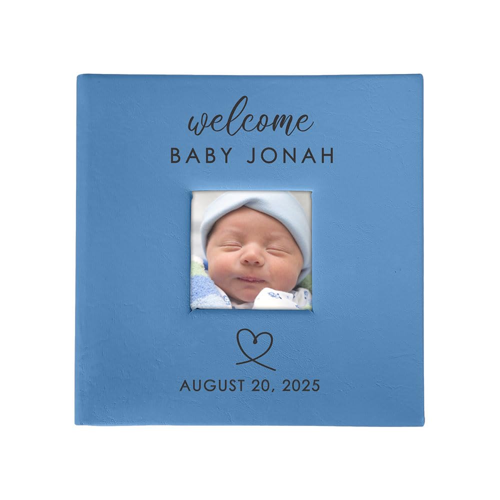 Personalized Photo Album, Custom Engraved Picture Album, Holds 200 4" x 6" Photos, Leatherette and Laser Engraved Scrapbook, Welcome Baby, Blue