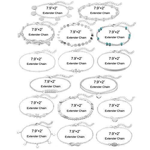 Softones 16Pcs Ankle Bracelets For Women Girls Gold Silver Two Style Chain Beach Anklet Bracelet Jewelry Anklet Set,Adjustable Size #TOP6