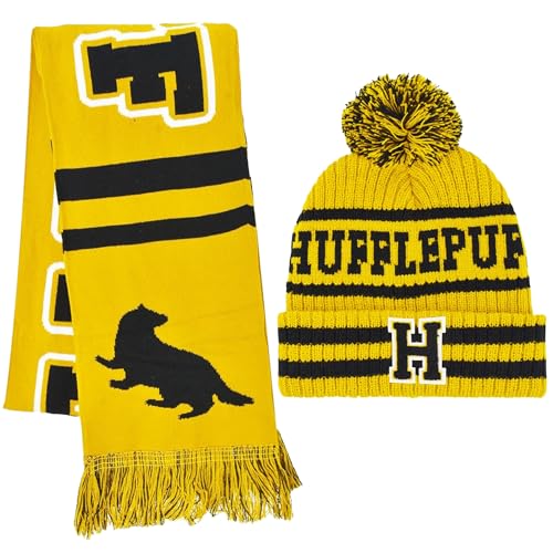 Harry Potter Beanie Hat and Scarf Set Hogwarts Collegiate Winter Knit Cap with Cuff and Pom Hufflepuff One Size