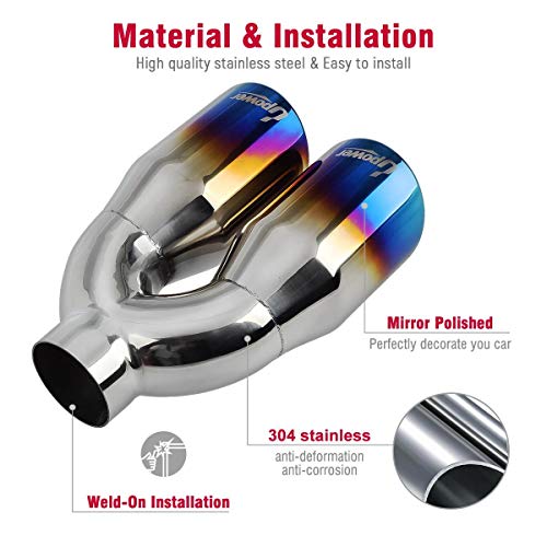 Upower 2.5 Inch Inlet 3.5 Inch Outlet Dual Exhaust Tips Tailpipe 2.5" to 3.5" 9.75" Length Stainless Steel Polished Vacuum Plating Blue 1.2mm Thickness Weld On Tail Pipe(Single Wall,Rolled Edge)