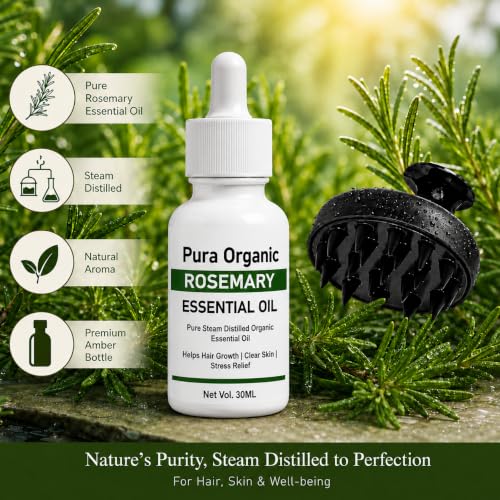 Image of Pura Organic Rosemary Essential Oil 30ml with Silicone Scalp Massager | Pure Steam Distilled Rosemary Oil | Hair & Scalp Care for Men & Women | Aromatherapy | DIY Hair Care | Natural Essential Oil | Combo Pack