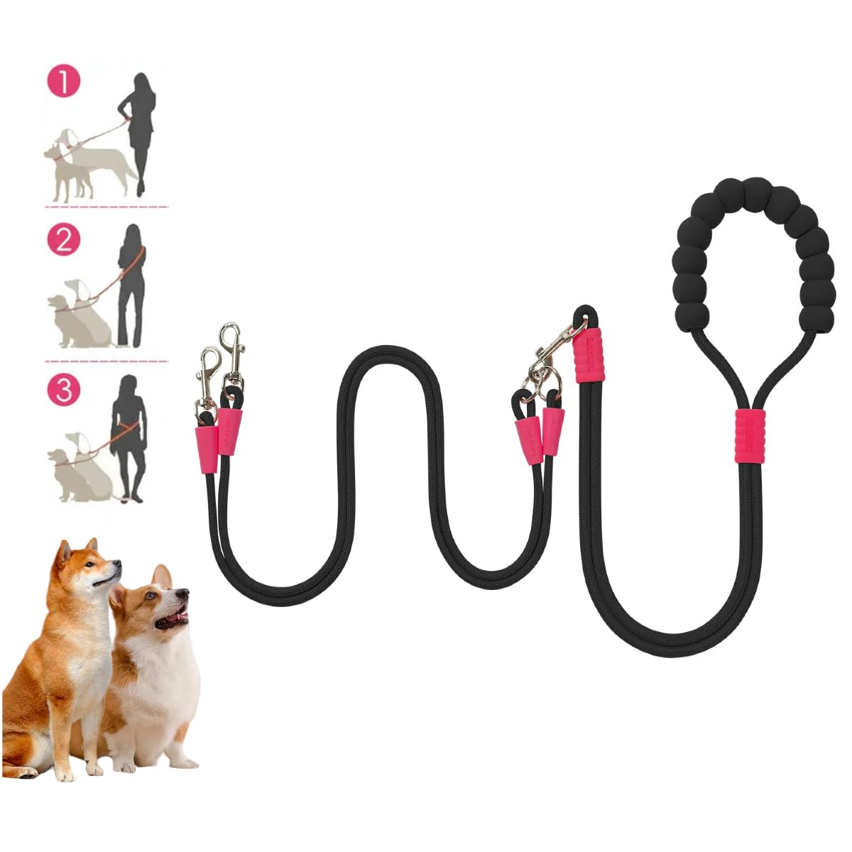 Double Dog Lead Coupler & Traction Rope (one set), Tangle-Free 360° Rotation with Two Separators