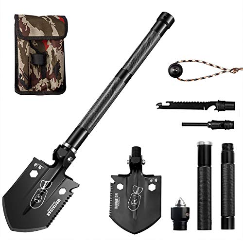 Survival Shovel Folding Tactical Shovel Aerospace-Grade Aluminum Camping Shovel Multifunctional Multitool Ultra-Light & Solid Collapsible Spade Emergency Kit with Carry Bag (18.7')