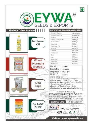 Image of Eywa Seeds & Exports Pvt Ltd Organic Black Wheat Whole Grains (10 Kg) for Eating and Cooking | Kale Gehu Daane | Produce of India From Organic Farms By Eywa