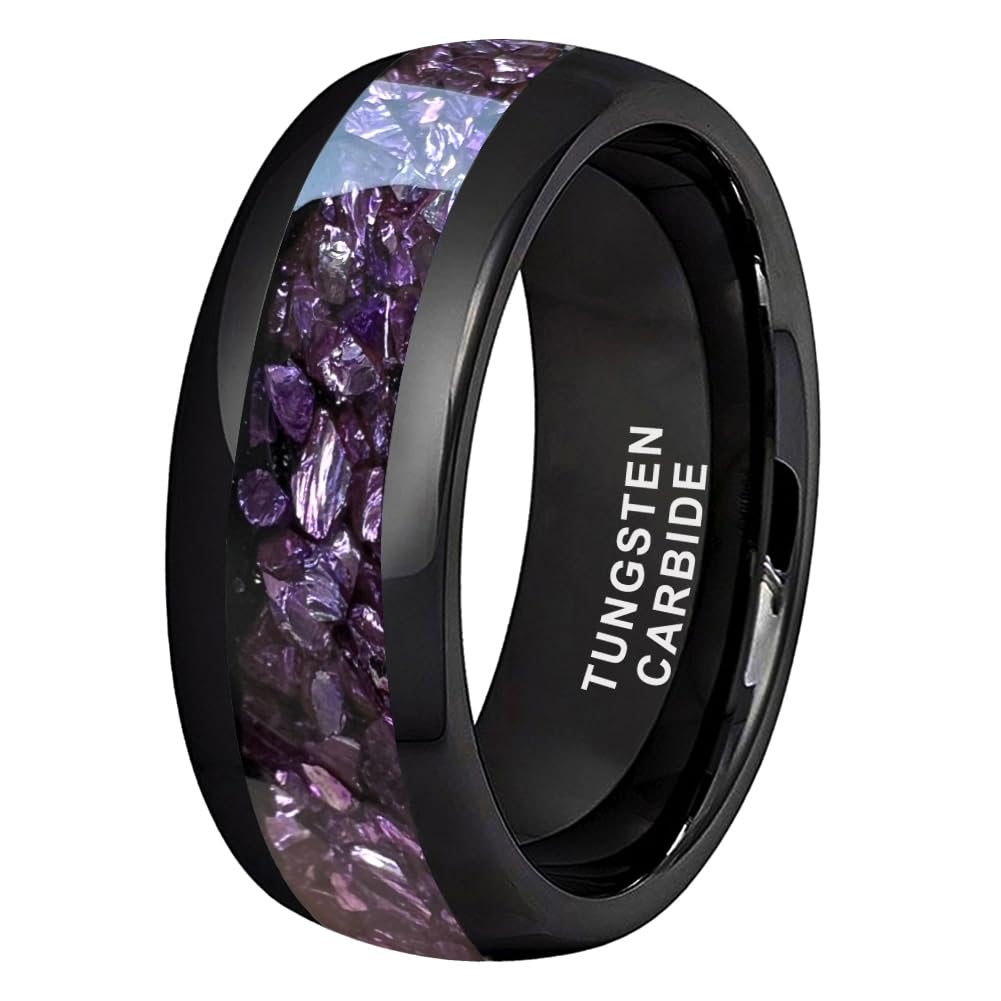 TUTISS 8mm Black Tungsten Rings for Men Women Outer Space Nebula Galaxy Blue Gemstone Purple Amethyst Inlay Engagement Wedding Band Polished Comfort