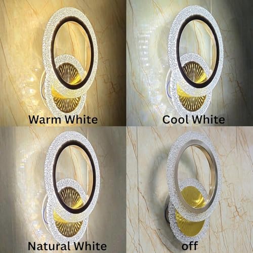 Image of Modern LED Wall Light for Home, 3 Color Modes, (Warm White,Cool White, Natural White) Golden Acrylic Crystal Wall Lamp for, Pack of 2.