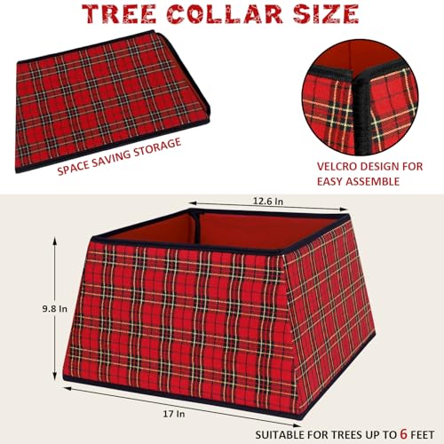Blissun Fabric Christmas Collar Square Tree Ring Willow Skirt for Tree Decorations Red Black Plaid