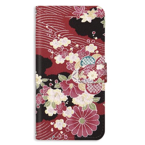 らくらくスマートフォン lite MR01 用 手帳 スマホケース フレキシブル ドコモらくらくスマートフォンLiteケース 携帯カバー ミラー付き スタンド機能 刺繍風プリント 着物柄 和柄 レッド 095a02m