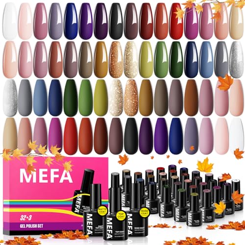 MEFA Fall Gel Nail Polish Set, 32 Colors Burgundy Red Gel Polish Set Champagne Gold Glitter Nail Polish Soak Off Dark Red Purple Shimmer Nude Brown Gel Nail Gifts for Women Girl DIY Salon