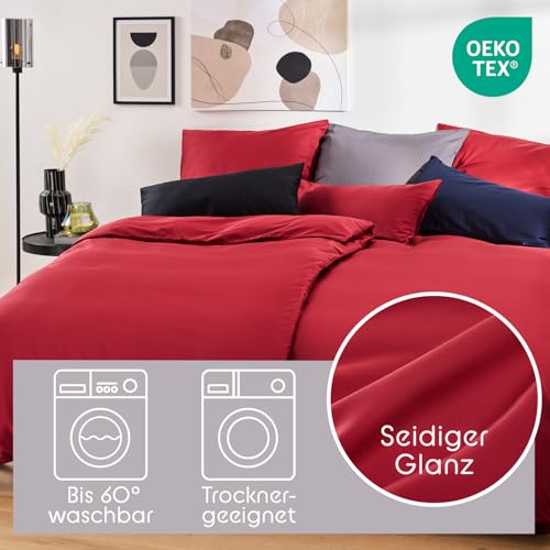 Blumtal Mako Satin Bettwäsche 200x220 Set & 2X 80x80 cm Kissenbezug Rot - Oeko Tex Zertifizierte Satin Bettwäsche aus 100% Baumwolle… – Ansicht 3