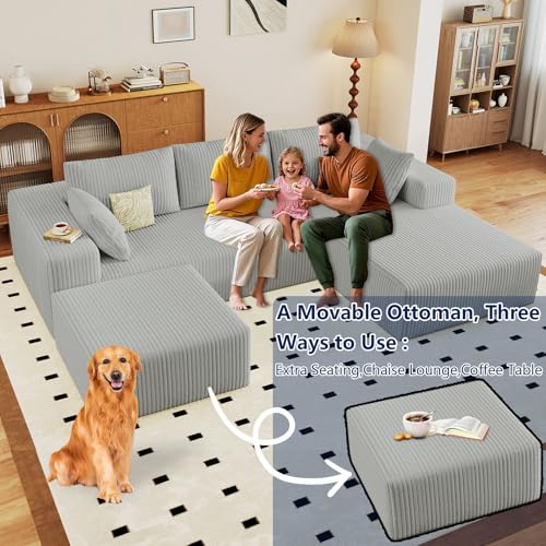 Image of 96 inch Modular Sectional Sofa with Ottoman, Modern Corduroy Cloud Couch with Deep Seat, Boneless Couch Upholstered 3-Seater U-Shaped Sofa for Living Room, No Assembly (Light Grey, Right-Facing Chaise)