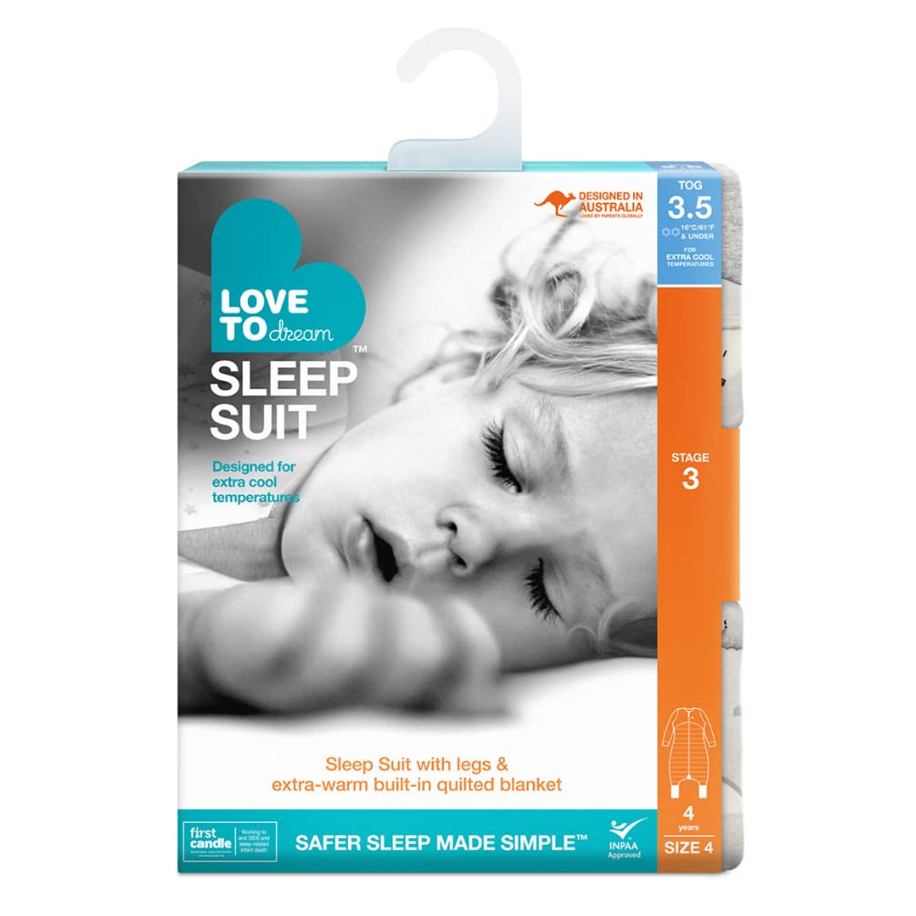 Love To Dream™ Schlafanzug mit Beinen, 4–5 Jahre – Grau | Langärmlig, leichte tragbare Decke | 3,5 Tog für Winter & Herbst (14–16 °C) | Baumwolle, maschinenwaschbar, Doppelreißverschluss