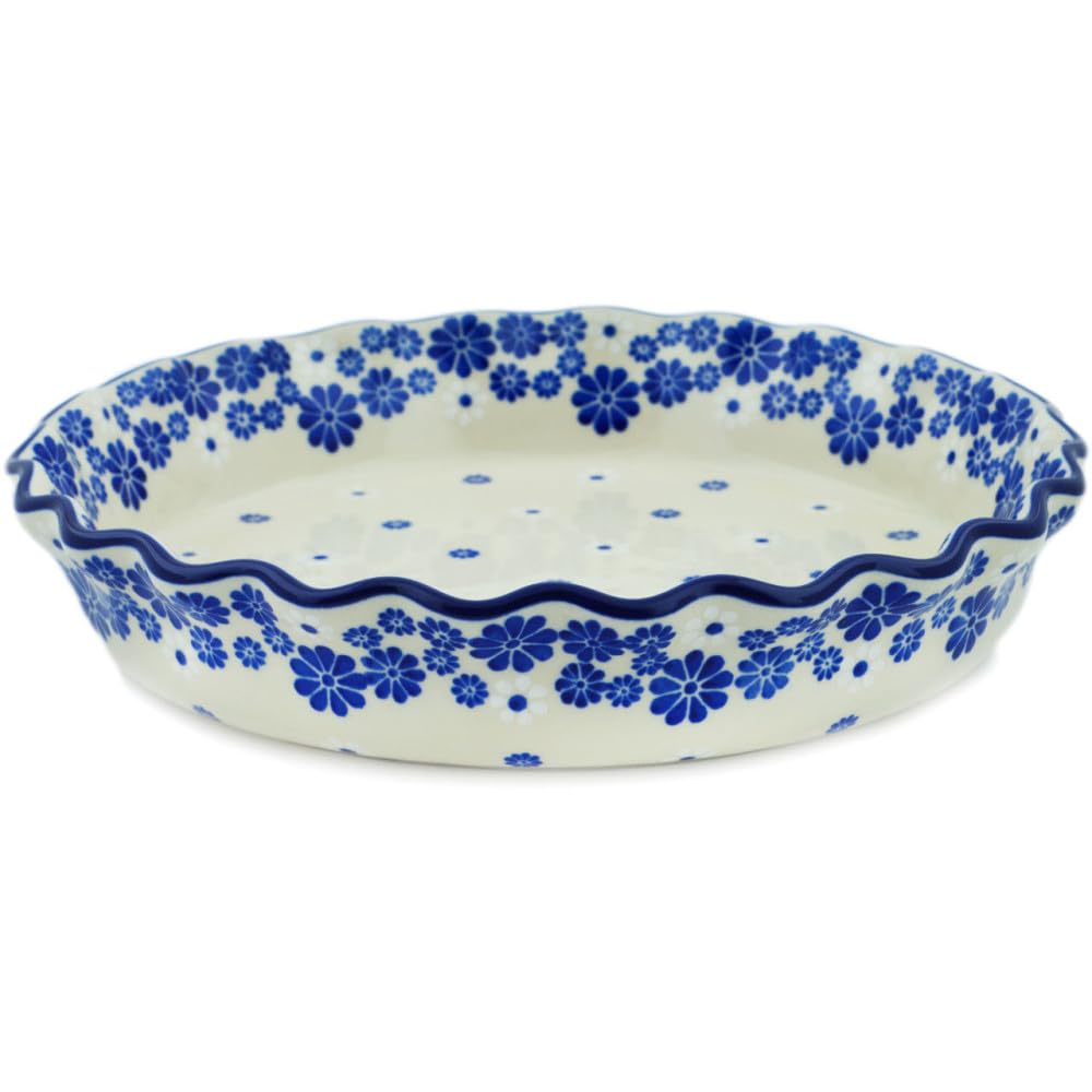 Authentic Polish Pottery Fluted Pie Dish in Cobalt Lace Design Handmade in Boles?awiec Poland by Ceramika Artystyczna + Certificate of Authenticity