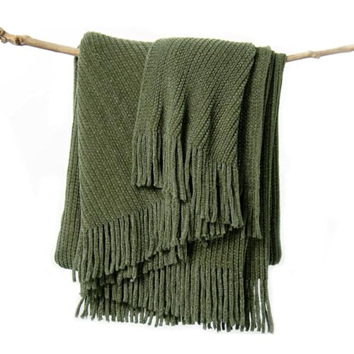 lifein Throw Blanket for Couch Soft Green Boho Decor Bed Throw Cozy Knitted Chenille Farmhouse Lightweight Throw(Olive Green 50 * 60)