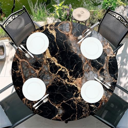 COTAIL Round Fitted Tablecloth with Elastic Edge Design Table Cover Waterproof Table Cloth Stain-Resistant for 53"-60" Round Table for Dining, Picnic, Party, Decor, Outdoor, Black Marble by COTAIL - Used condition - Image 8