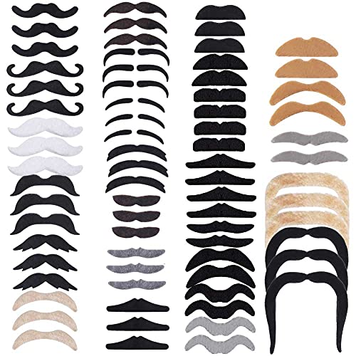 72 PCS Fake Moustaches, Assorted Novelty Self Adhesive 80s Moustaches Fancy Dress Thick moustache Stick on False Beard and Moustache for Adult Kids Mexican Masquerade Party Favor Costume Performance