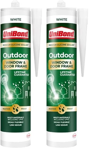 Image of UniBond Outdoor Window and Door Frame Sealant, Premium Silicone Sealant Suitable for Use on Various Materials*, Waterproof and Weather Resistant, White, 1 x 392g Cartridge (Pack of 2)