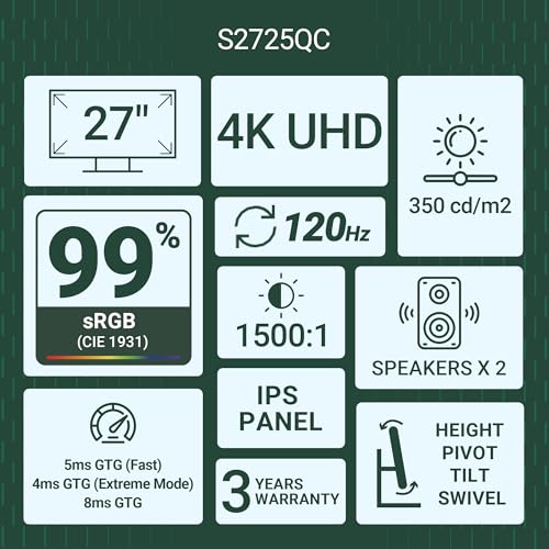 Image of Dell S2725QC 27 inch /68.58 cm USB-C Monitor|Titan Grey|IPS 120Hz| 350 cd /m2 |4 ms, Contrast 1,500:1| Tilt, Height, Pivot & Swivel Adjustable|Ports: 2X HDMI| 2 * 5W Speakers|99% SRGB |AMD Freesync Premium