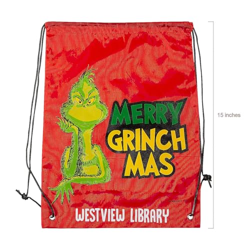Fun Express Personalized Dr. Seuss The Grinch Merry Grinchmas Nylon Drawstring Bags Large 14" x 18" - 12 Pieces2