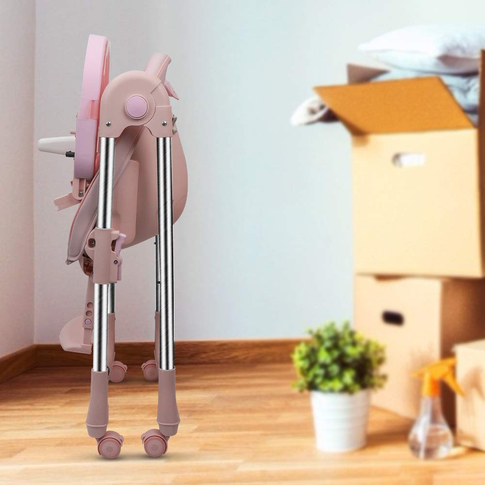OUNUO Seggiolone Pappa, Seggiolino da Tavolo Pieghevole, Seggioline per bambini da 6 Mesi fino a 6 anni, Piatto da Cena Smontabile, Pedale e Schienale Regolabili in Altezza (Rosa)