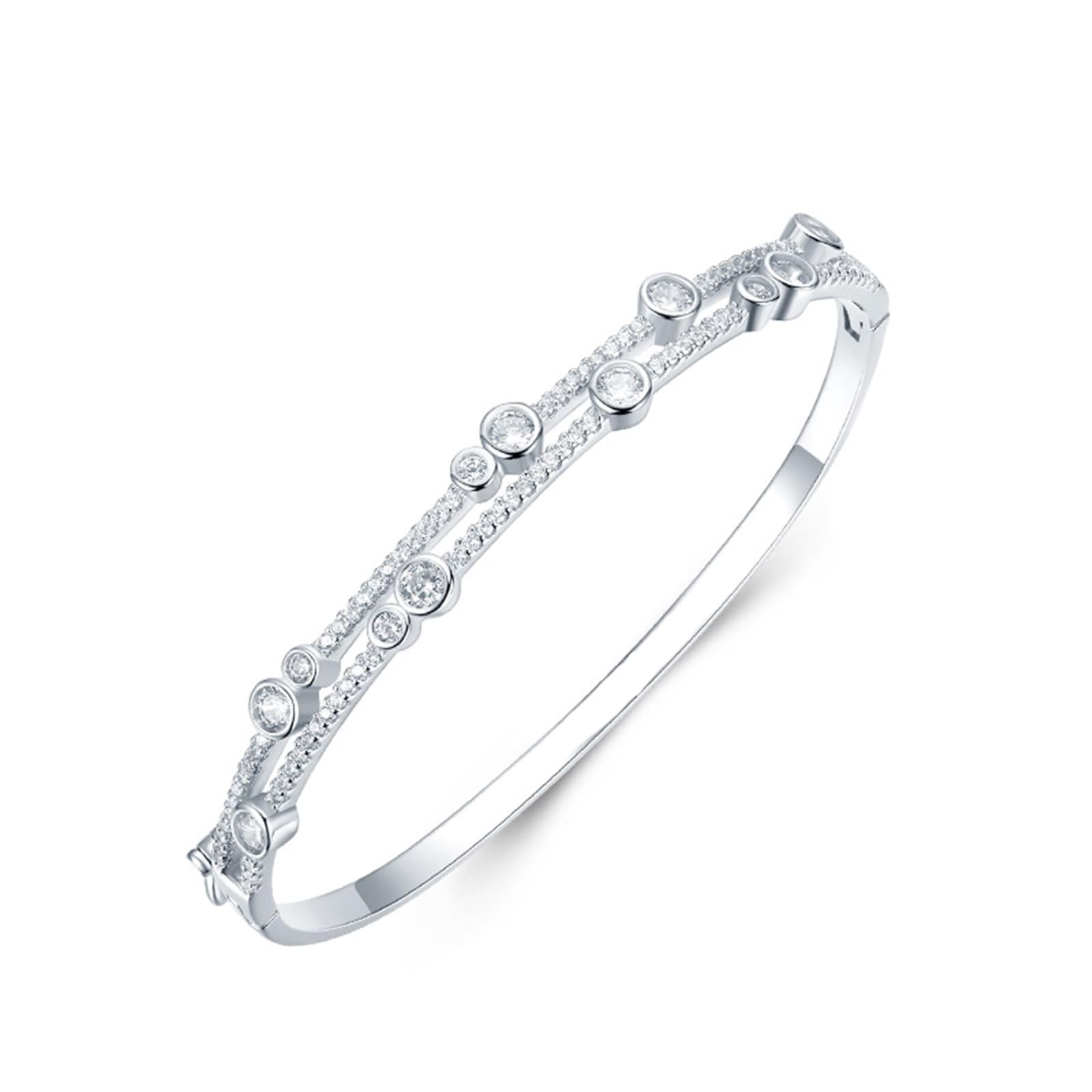 Pulseras para mujer, pulsera de doble fila brillante redonda moissanita oro blanco/platino 950