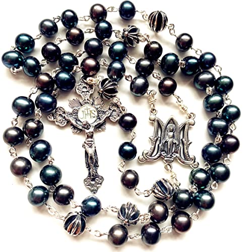 elegantmedical Black Pearl Bali Sterling Silver Cross Beads Catholic Rosary necklace box Mans Womens gift2