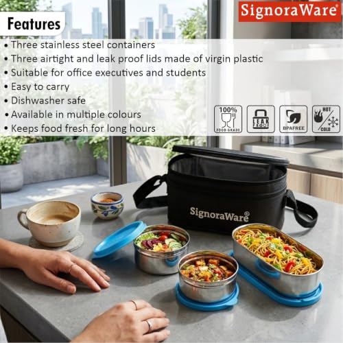 Image of SignoraWare Mini Double Decker Stainless Steel Lunch Box,(225ml+225ml+450ml, Blue), Dishwasher Safe, Retains Freshness & Quality, Best for Office Executives & Students, Picnics and Outings