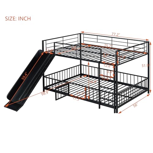 Image of Bellemave Full Over Full Bunk Bed with Slide and Ladder, Metal Low Bunk Bed for Kids, Girls, Boys, Removable Fence, with Door, Black