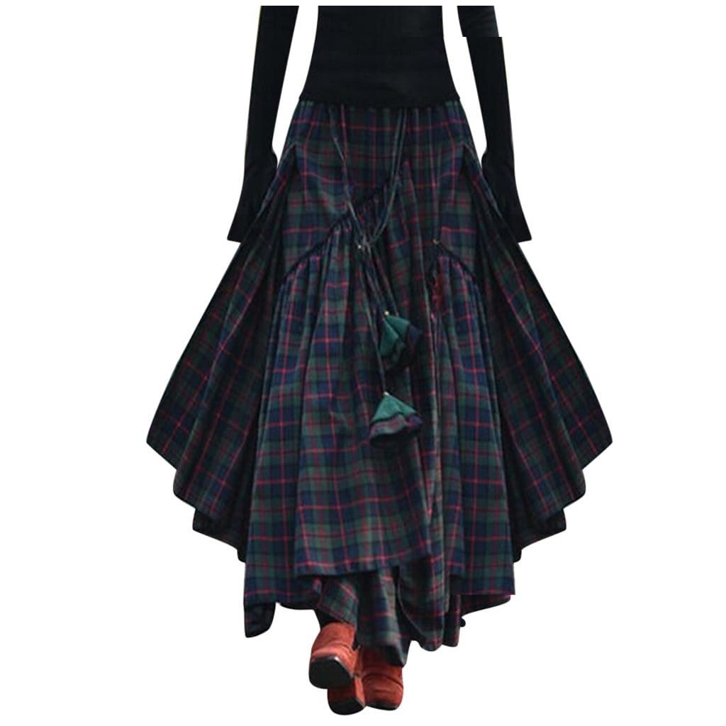 Apvirdy Womens Vintage Plaid Skirts High Waist Asymmetrical Ruffle Tiered Flowy Maxi Skirts A-Line Western Swing Skirt