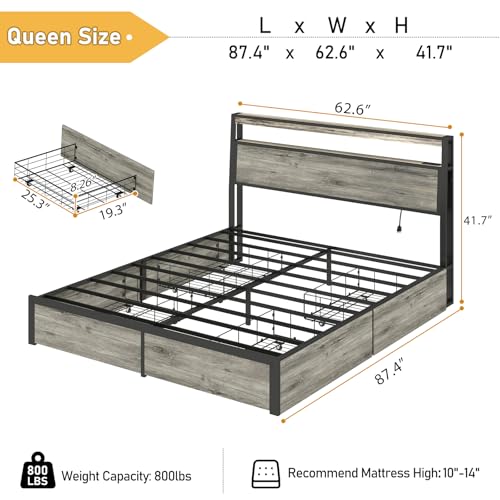 Image of Queen Bed Frame with 4 Storage Drawers, Queen Size Bed Frame, Grey | LED Light, Charging Station, Wood Headboard, Metal Platform, No Box Spring Needed, Noise Free, Easy Assembly