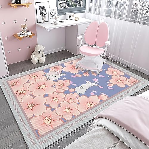 チェアマット 兎 フラワー デスクマット ゲーミングチェアカーペット 厚さ7mm ラグ 長方形 花柄 子供部屋 玄関マット 150cm*200cm 傷防止 防滑吸附 おしゃれ かわいい 家庭用コンピュータチェア フローリング